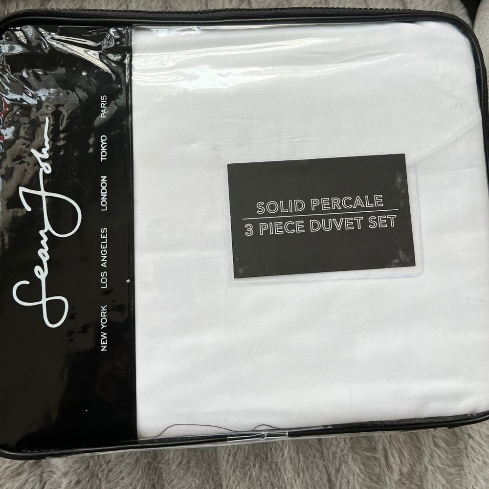 Sean John Solid Percale 3 Pcs Duvet Cover Set White $140/ Full / Queen